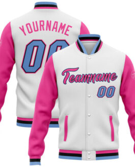 Custom White and Pink Full-Snap Varsity Letterman Two Tone Jacket