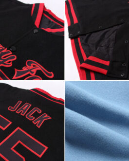 Custom Light Blue Orange-Black Bomber Full-Snap Varsity Letterman Two Tone Jacket