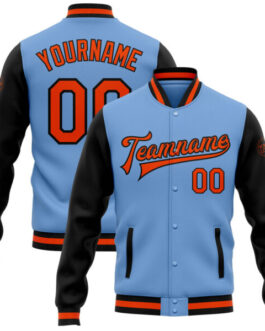 Custom Light Blue Orange-Black Bomber Full-Snap Varsity Letterman Two Tone Jacket