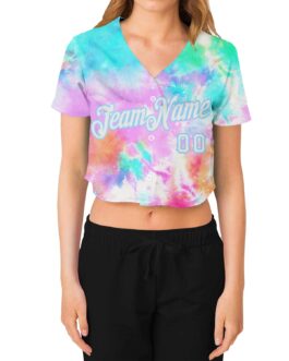 Custom Women’s Tie Dye White-Light Blue Rainbow 3D V-Neck Cropped Baseball Jersey