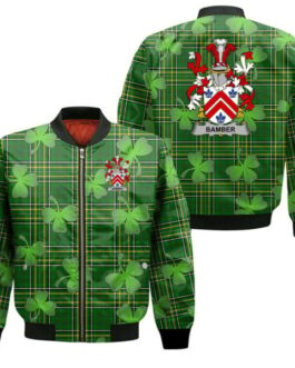 Bamber Irish Family Crest Zip Bomber Jacket – Irish National Tartan with Shamrock